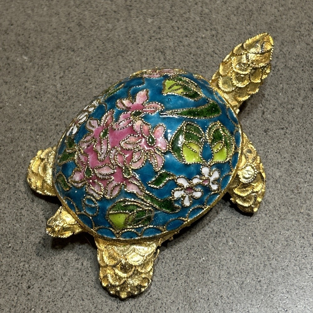 Vintage Floral Cloisonne Sea Turtle Enamel Gold Pink Collectible Figurine 3.5"